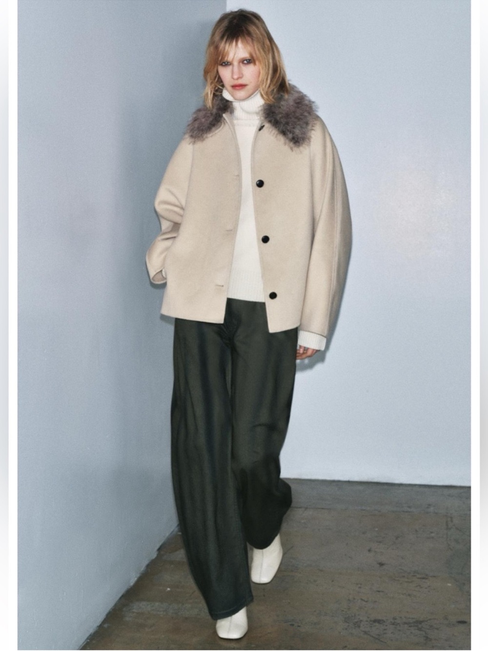 Zara Wool Blend Cream Short Coat with Faux Fur Collar